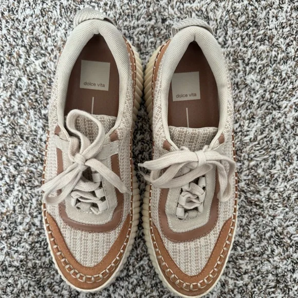 Dolce Vita Platform Sneakers Size 7.5 Beige Canvas Tan Suede Casual shoes - Picture 5 of 10